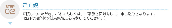 来院していただき、ご本人もしくは、ご家族と面談をして、申し込みとなります。 (医師の紹介状や健康保険証を持参してください。)