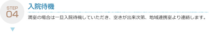 満室の場合は一旦入院待機していただき、空きが出来次第、地域連携室より連絡します。